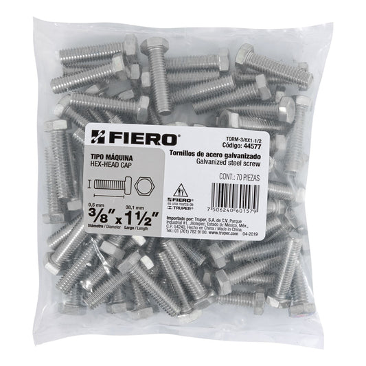 Bolsa con 70 tornillos 3/8' x 1-1/2' tipo máquina, FIERO Caja con 3, 44577