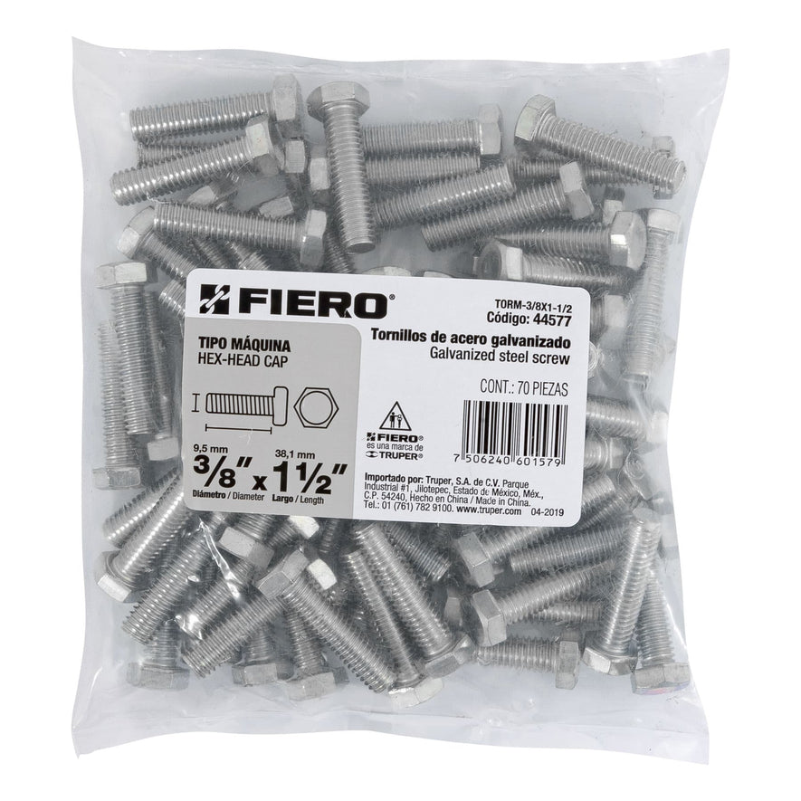 Bolsa con 70 tornillos 3/8' x 1-1/2' tipo máquina, FIERO Caja con 3, 44577
