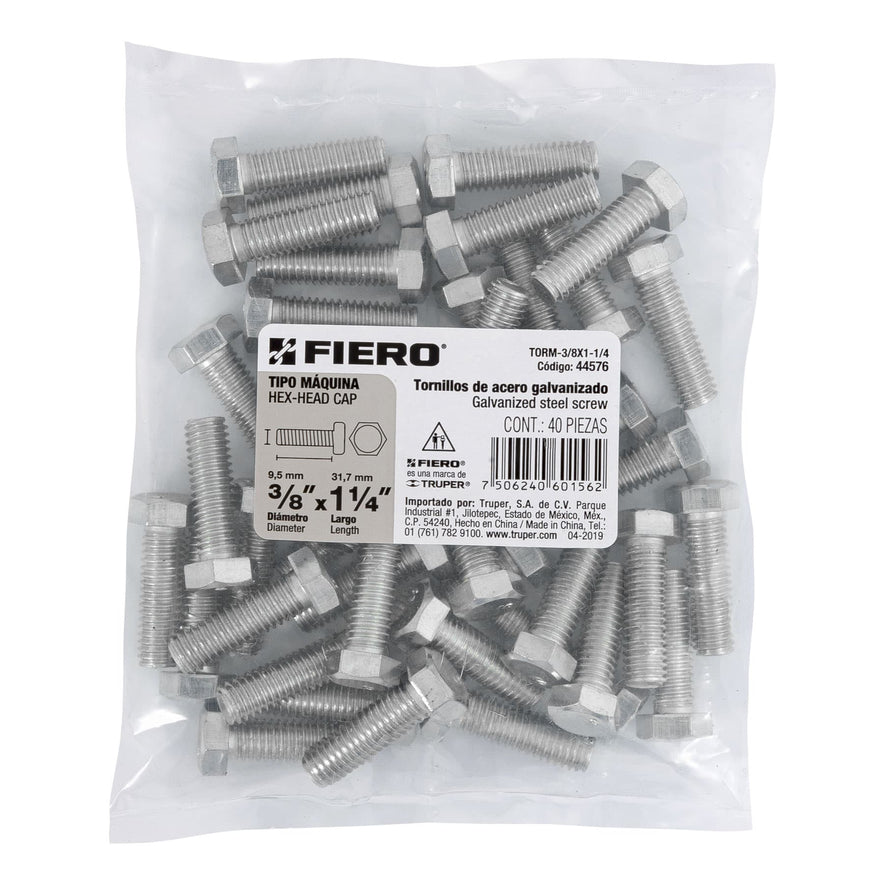 Bolsa con 40 tornillos 3/8' x 1-1/4' tipo máquina, FIERO Caja con 6, 44576