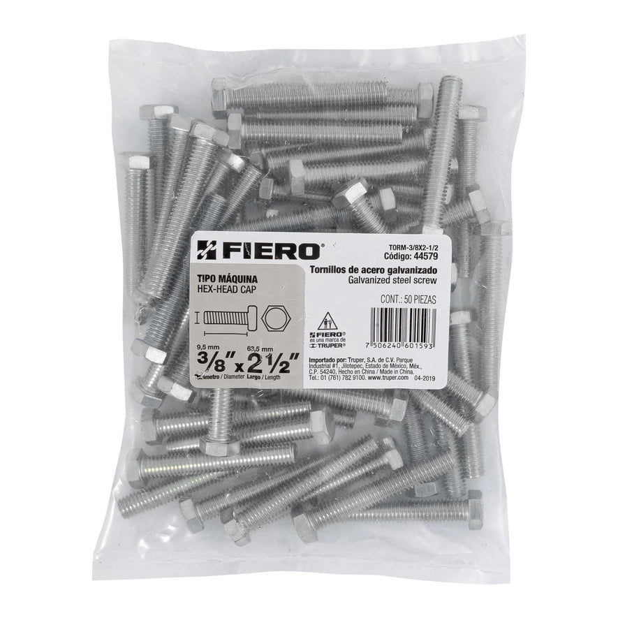 Bolsa con 50 tornillos 3/8' x 2-1/2' tipo máquina, FIERO Caja con 3, 44579
