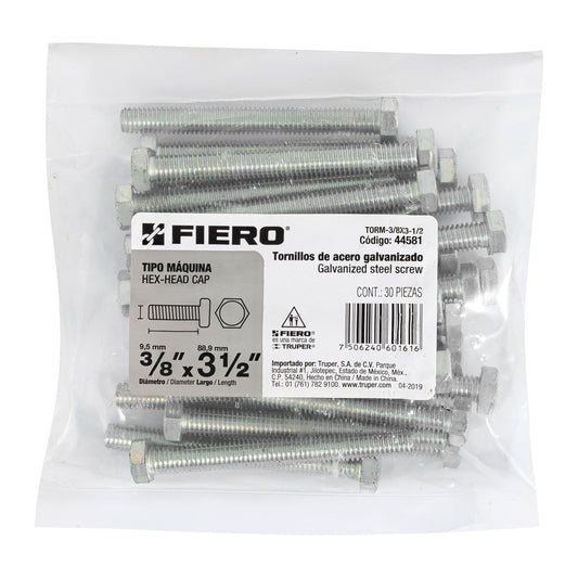 Bolsa con 30 tornillos 3/8' x 3-1/2' tipo máquina, FIERO Caja con 3, 44581