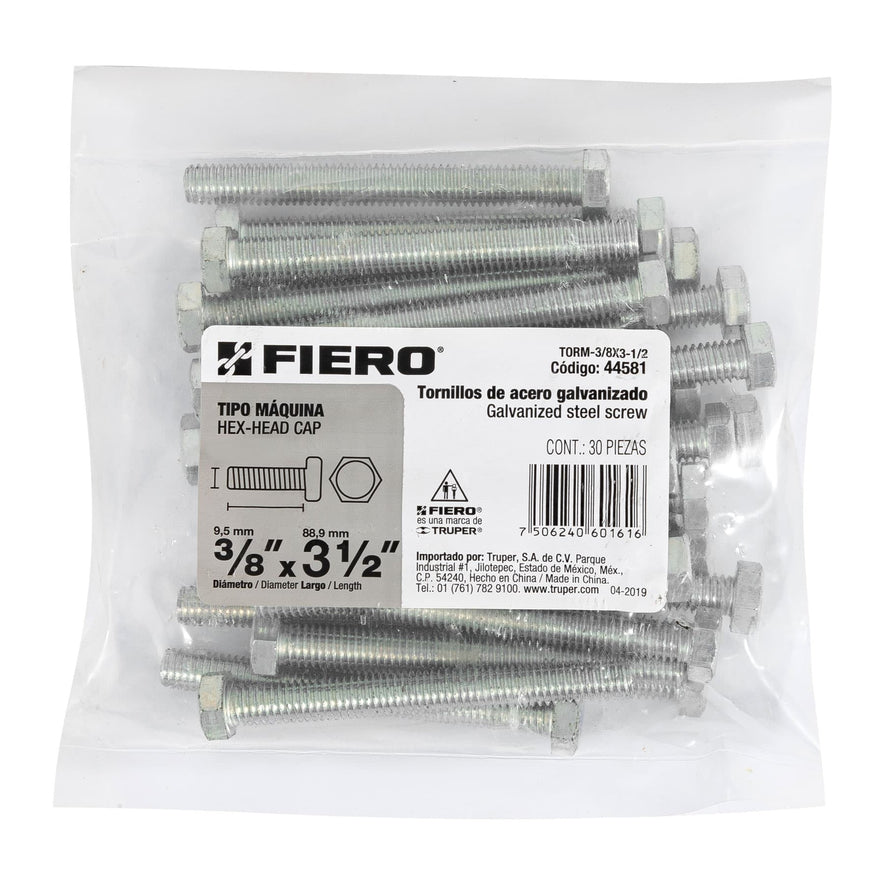 Bolsa con 30 tornillos 3/8' x 3-1/2' tipo máquina, FIERO Caja con 3, 44581