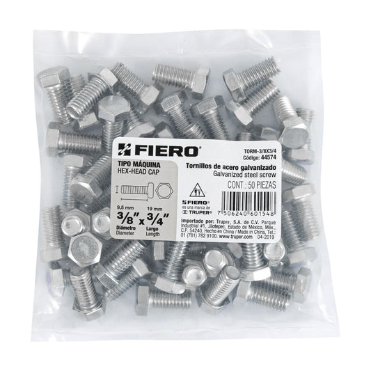 Bolsa con 50 tornillos 3/8' x 3/4' tipo máquina, FIERO Caja con 6, 44574