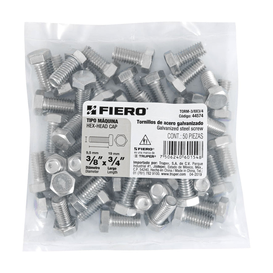 Bolsa con 50 tornillos 3/8' x 3/4' tipo máquina, FIERO Caja con 6, 44574