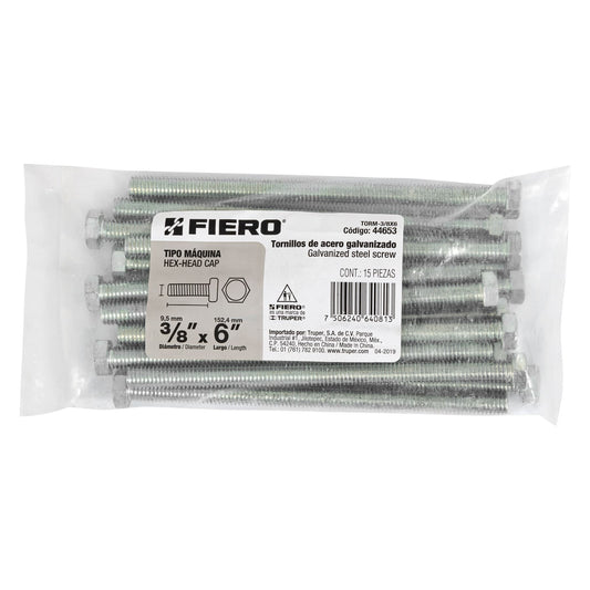 Bolsa con 15 tornillos 3/8' x 6' tipo máquina, FIERO, 44653