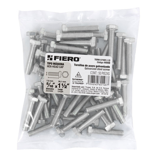 Bolsa con 50 tornillos 5/16' x 1-1/2' tipo máquina, FIERO Caja con 6, 44568