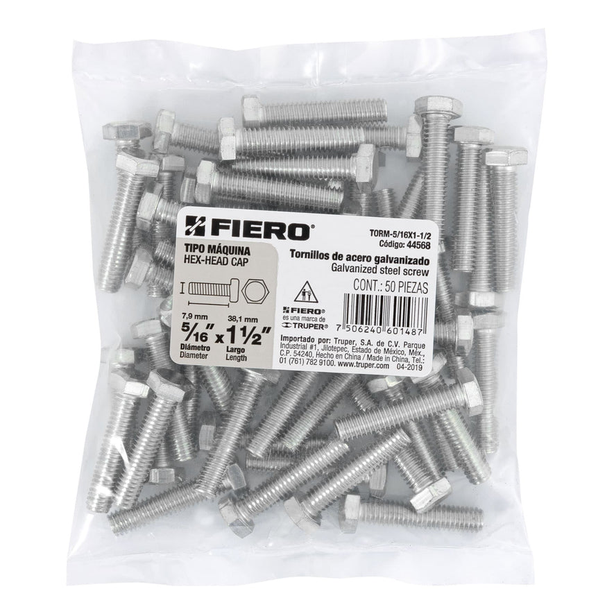 Bolsa con 50 tornillos 5/16' x 1-1/2' tipo máquina, FIERO Caja con 6, 44568