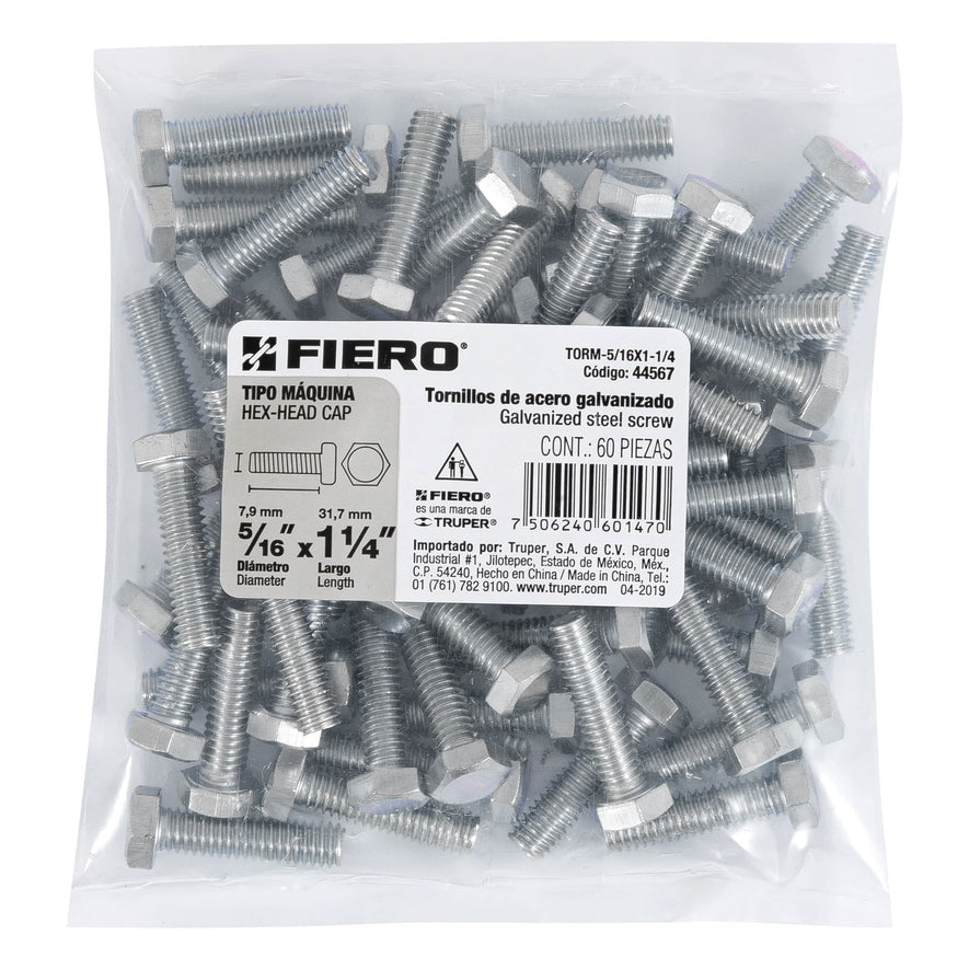 Bolsa con 60 tornillos 5/16' x 1-1/4' tipo máquina, FIERO Caja con 6, 44567
