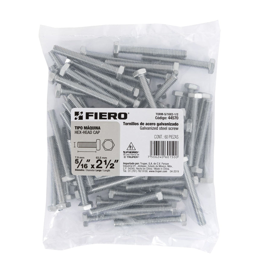 Bolsa con 60 tornillos 5/16' x 2-1/2' tipo máquina, FIERO Caja con 3, 44570