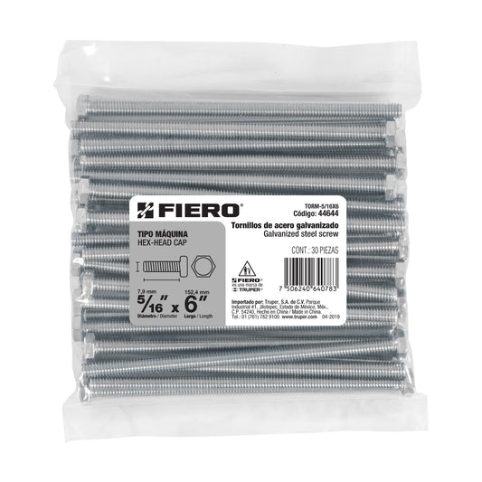 Bolsa con 30 tornillos 5/16' x 6' tipo máquina, FIERO Caja con 3, 44644