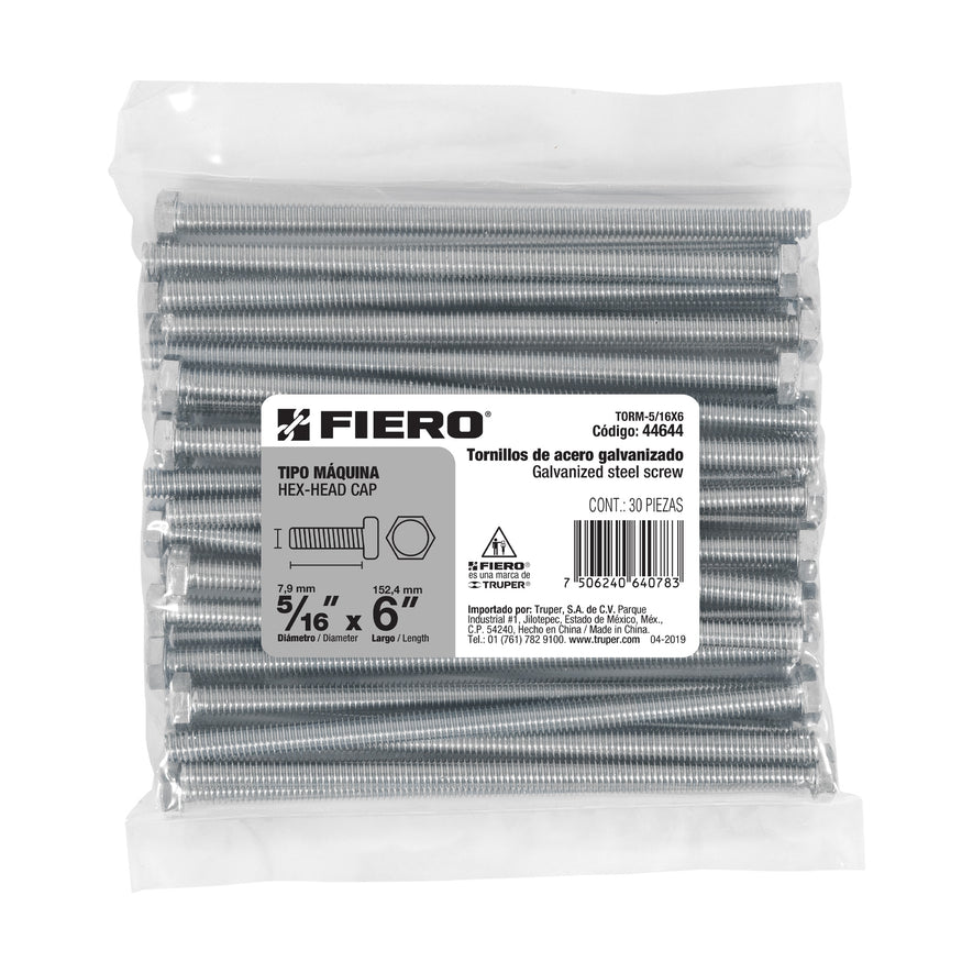 Bolsa con 30 tornillos 5/16' x 6' tipo máquina, FIERO Caja con 3, 44644