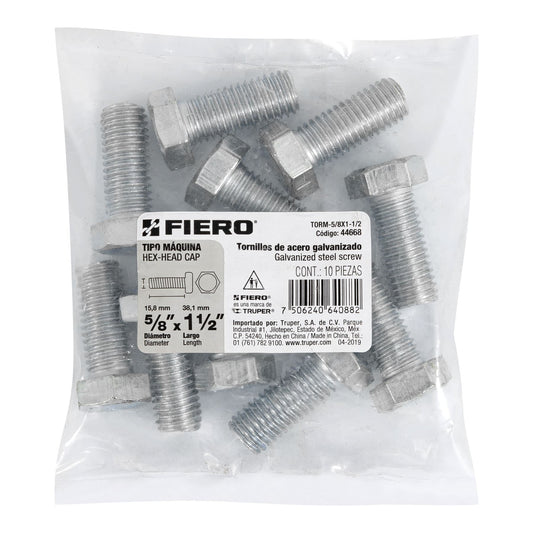 Bolsa con 10 tornillos 5/8' x 1-1/2' tipo máquina, FIERO, 44668