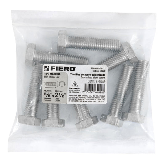Bolsa con 8 tornillos 5/8' x 2-1/2' tipo máquina, FIERO, 44679