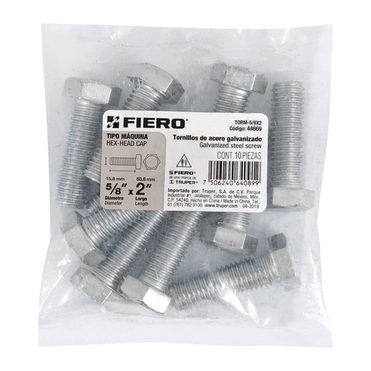 Bolsa con 10 tornillos 5/8' x 2' tipo máquina, FIERO, 44669