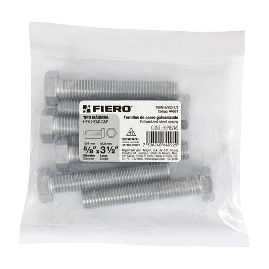 Bolsa con 6 tornillos 5/8' x 3-1/2' tipo máquina, FIERO, 44681