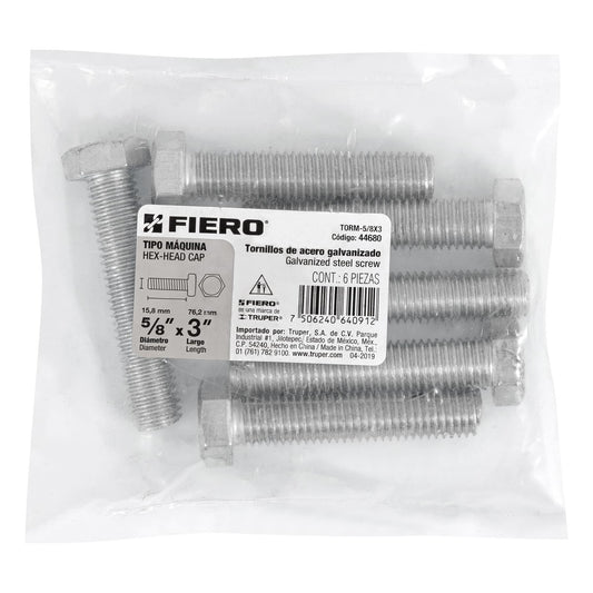 Bolsa con 6 tornillos 5/8' x 3' tipo máquina, FIERO, 44680