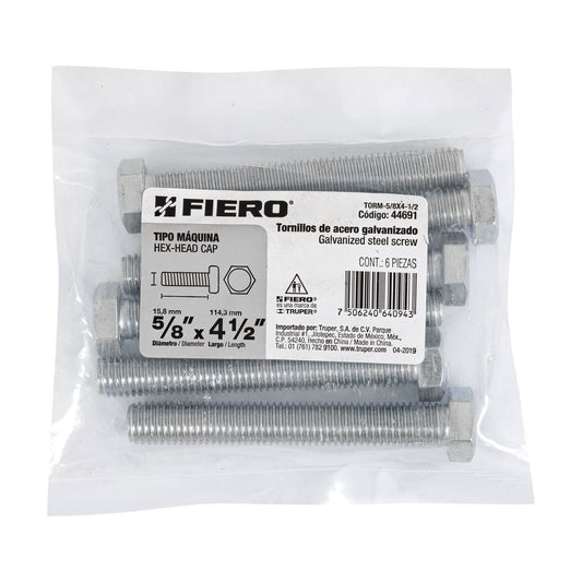 Bolsa con 6 tornillos 5/8' x 4-1/2' tipo máquina, FIERO, 44691