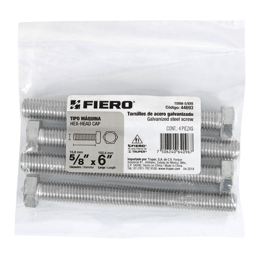 Bolsa con 4 tornillos 5/8' x 6' tipo máquina, FIERO, 44693