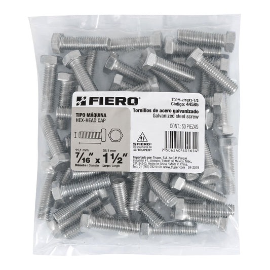 Bolsa con 50 tornillos 7/16' x 1-1/2' tipo máquina, FIERO Caja con 3, 44585
