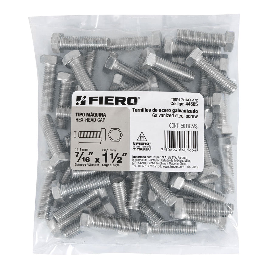 Bolsa con 50 tornillos 7/16' x 1-1/2' tipo máquina, FIERO Caja con 3, 44585