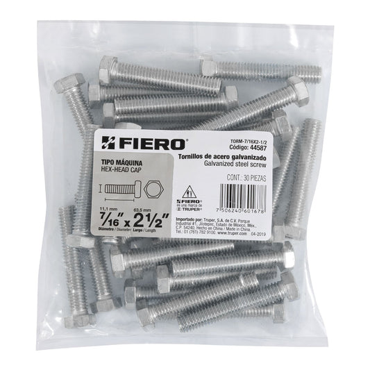 Bolsa con 30 tornillos 7/16' x 2-1/2' tipo máquina, FIERO Caja con 3, 44587