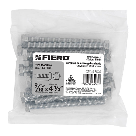 Bolsa con 15 tornillos 7/16' x 4-1/2' tipo máquina, FIERO, 44654