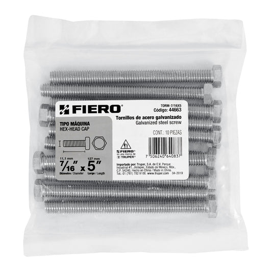 Bolsa con 10 tornillos 7/16' x 5' tipo máquina, FIERO, 44663