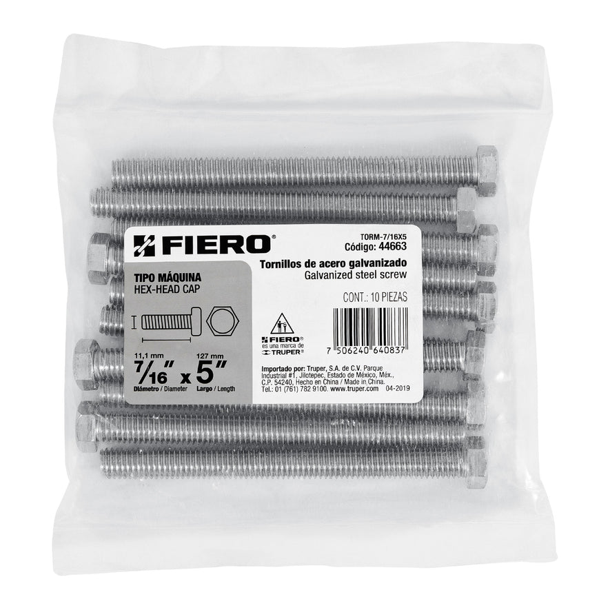Bolsa con 10 tornillos 7/16' x 5' tipo máquina, FIERO, 44663