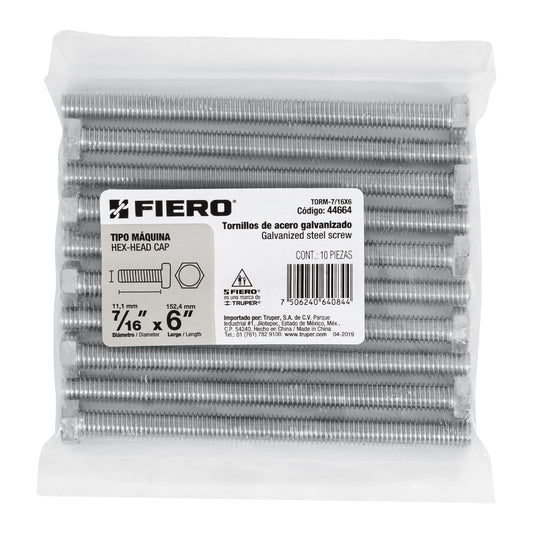 Bolsa con 10 tornillos 7/16' x 6' tipo máquina, FIERO, 44664