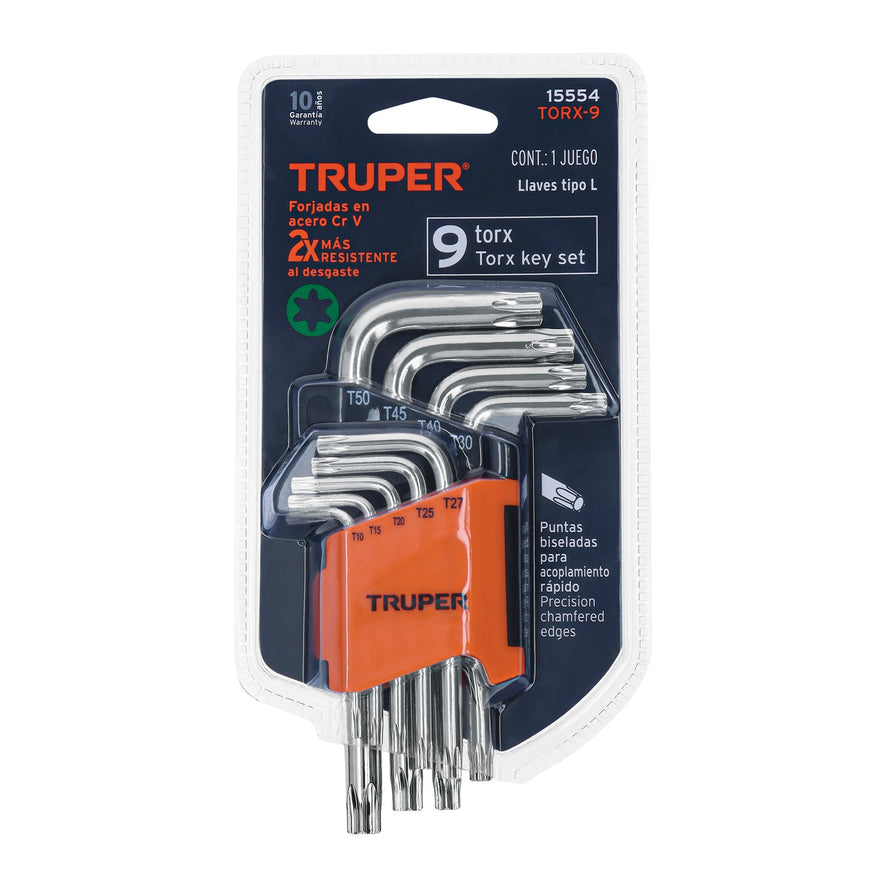 Juego de 9 llaves torx con organizador abatible, TRUPER Caja con 6, 15554
