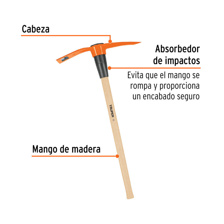 Talacho-pico 5 lb, mango de madera 36', Truper Caja con 4, 102966