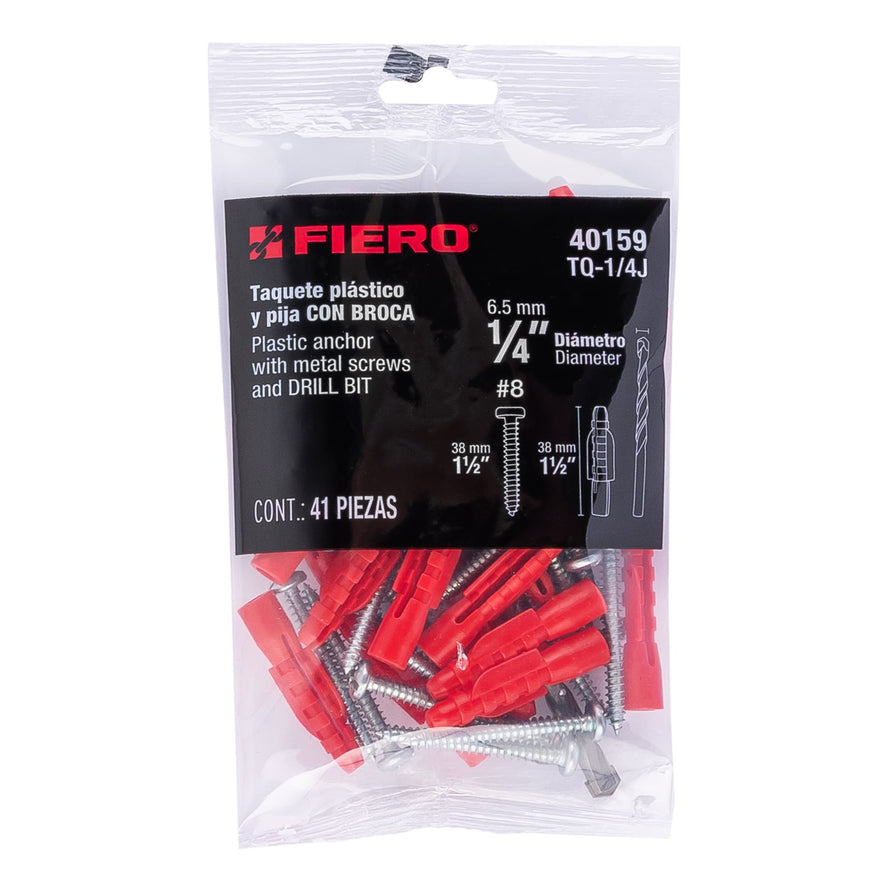 Kit de 20 taquetes 1/4' con pijas #8 y 1 broca 1/4', Fiero Caja con 20, 40159