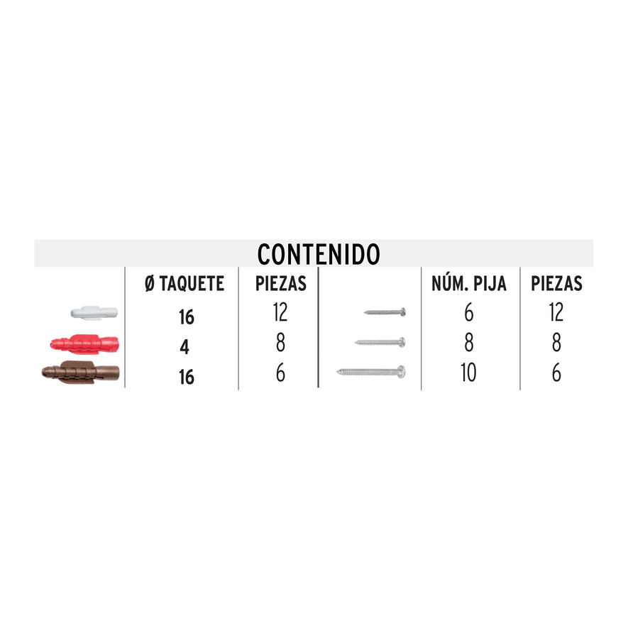 Estuche 26 taquetes 3/16', 1/4', 5/16', c/pijas #6, #8, #10 Caja con 6, 49770