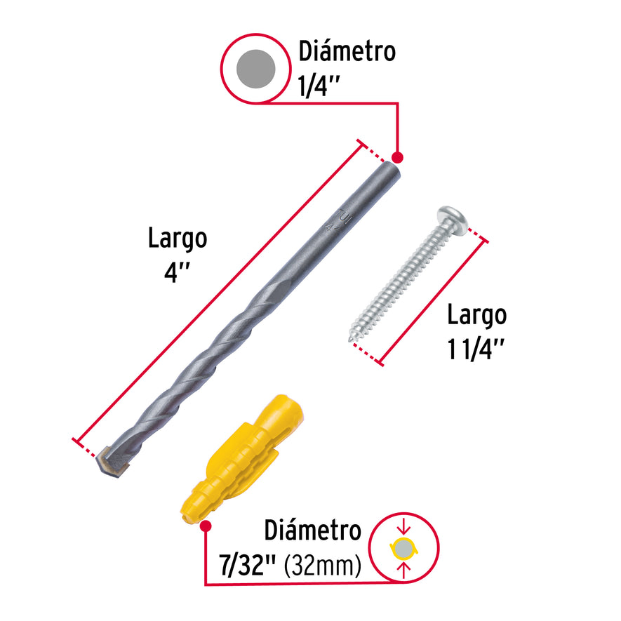 Kit de 20 taquetes 7/32' con pijas #8 y 1 broca 1/4', Fiero Caja con 10, 40759