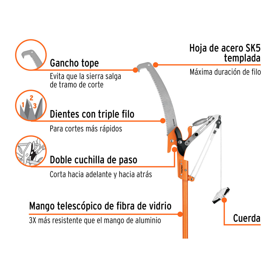 Cortador de ramas altas mango telescópico 3.6 m fibra vidrio, 18410