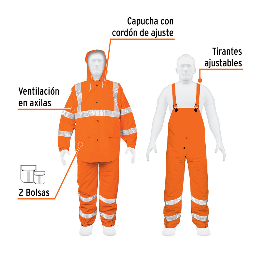 Conjunto impermeable doble capa naranja con reflejante, CH Caja con 2, 17407
