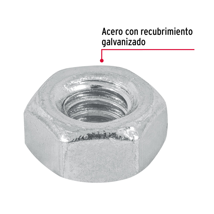 Bolsa con 250 tuercas 1/4' hexagonales de acero galvanizado Caja con 6, 44548
