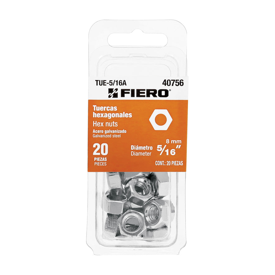 Blíster con 20 tuercas 5/16' hex de acero galvanizado, Fiero Caja con 12, 40756