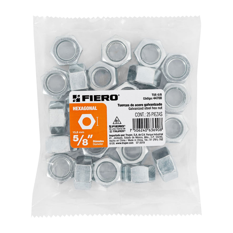 Bolsa con 25 tuercas 5/8' hexagonales de acero galvanizado Caja con 6, 44700