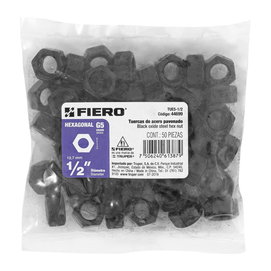 Bolsa con 50 tuercas 1/2' hexagonales pavonadas, grado 5 Caja con 6, 44699