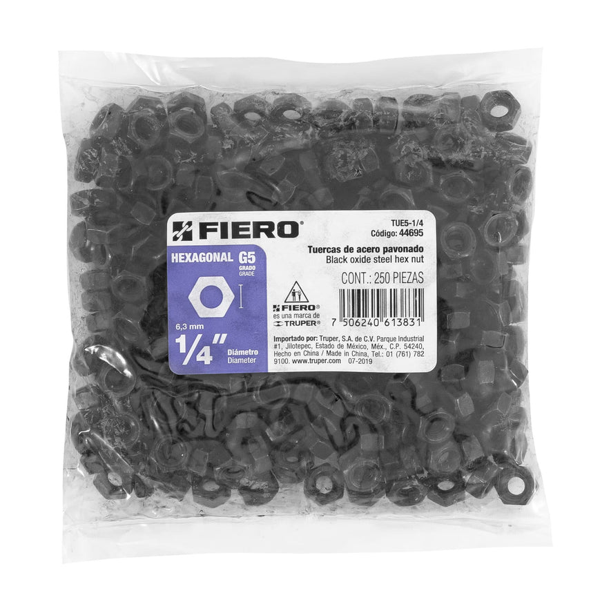 Bolsa con 250 tuercas 1/4' hexagonales pavonadas, grado 5 Caja con 3, 44695