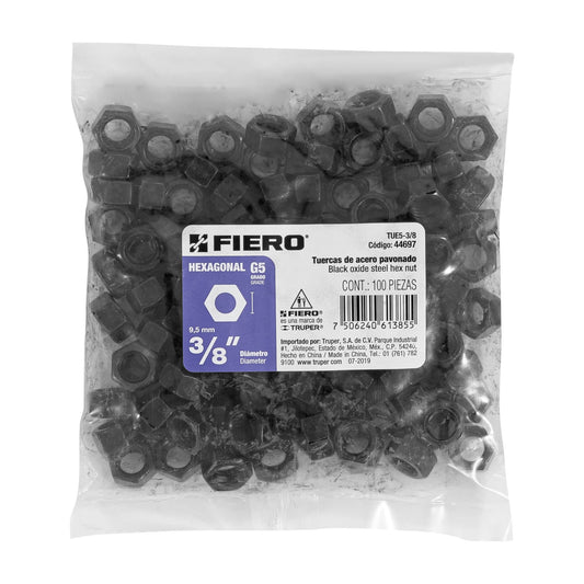 Bolsa con 100 tuercas 3/8' hexagonales pavonadas, grado 5 Caja con 3, 44697