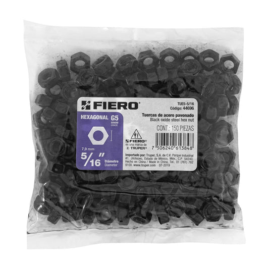 Bolsa con 150 tuercas 5/16' hexagonales pavonadas, grado 5 Caja con 6, 44696