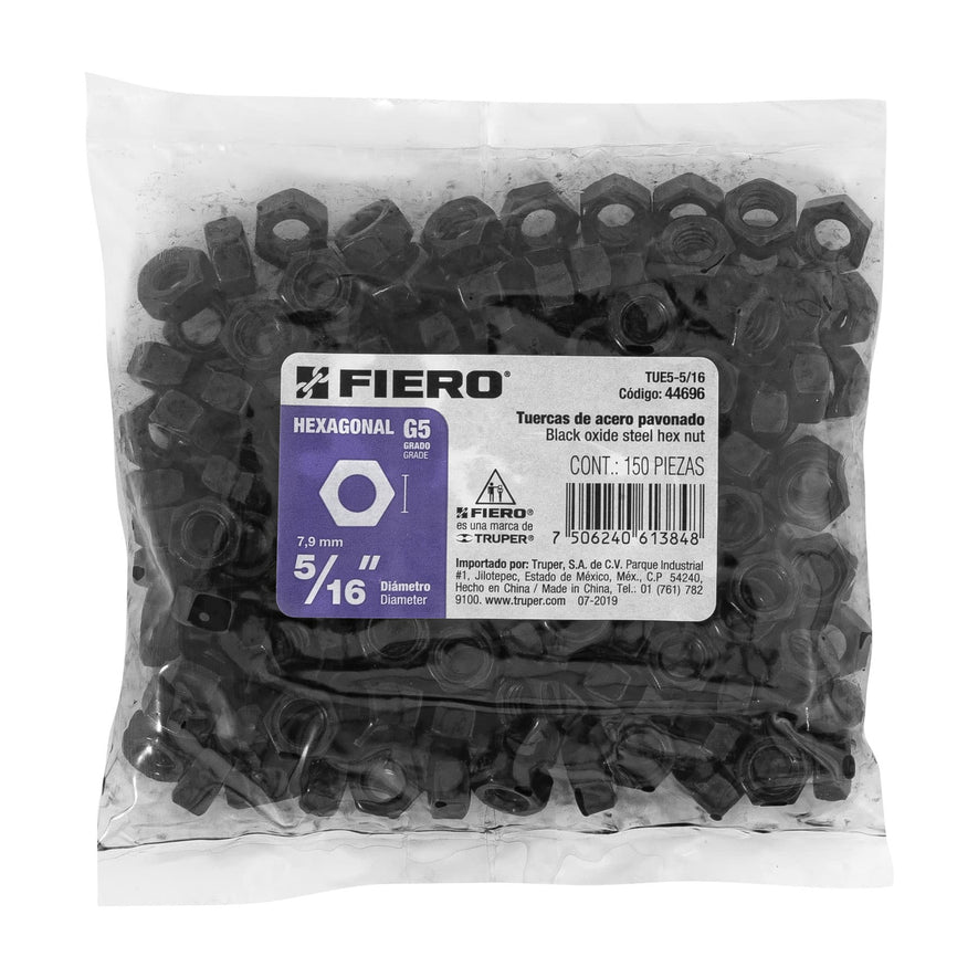 Bolsa con 150 tuercas 5/16' hexagonales pavonadas, grado 5 Caja con 6, 44696