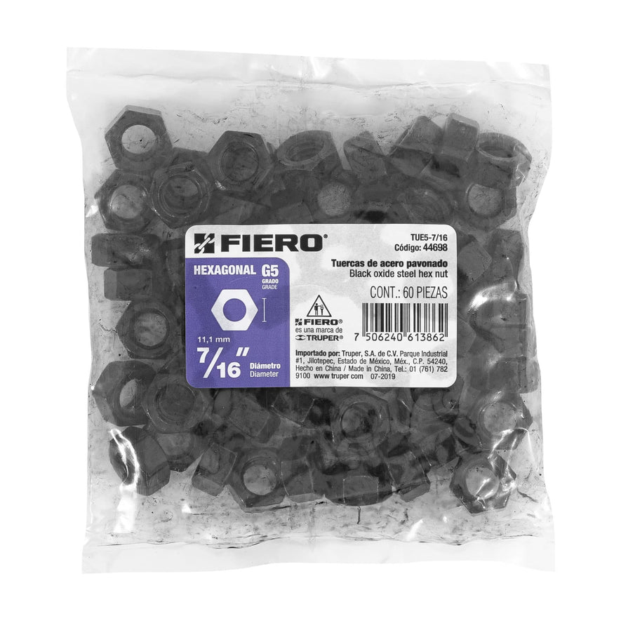 Bolsa con 60 tuercas 7/16' hexagonales pavonadas, grado 5 Caja con 3, 44698