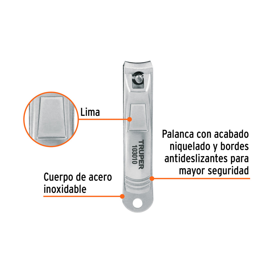 Corta uñas 3' acero inoxidable, Truper Caja con 6, 103010
