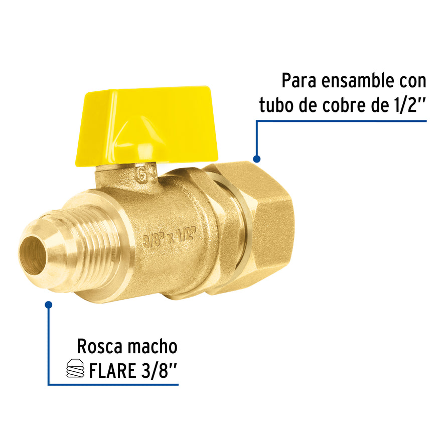 Válvula de control latón para gas 3/8'x1/2' tipo barrilito Caja con 6, 49116