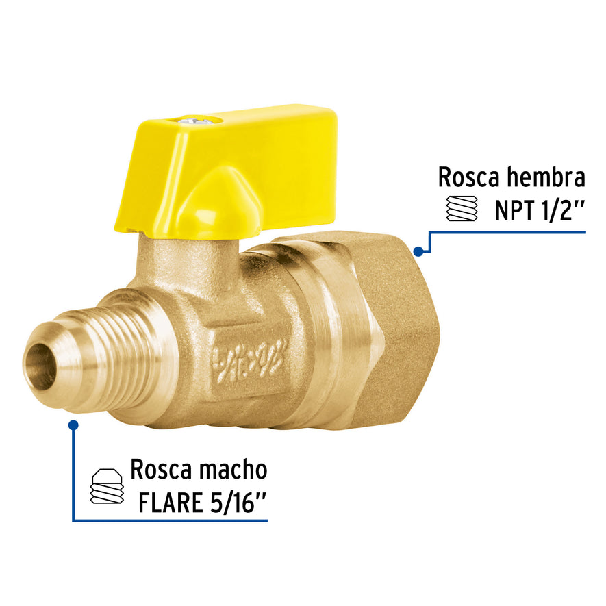 Válvula de control de latón para gas, 5/16' x 1/2', Foset Caja con 10, 41060