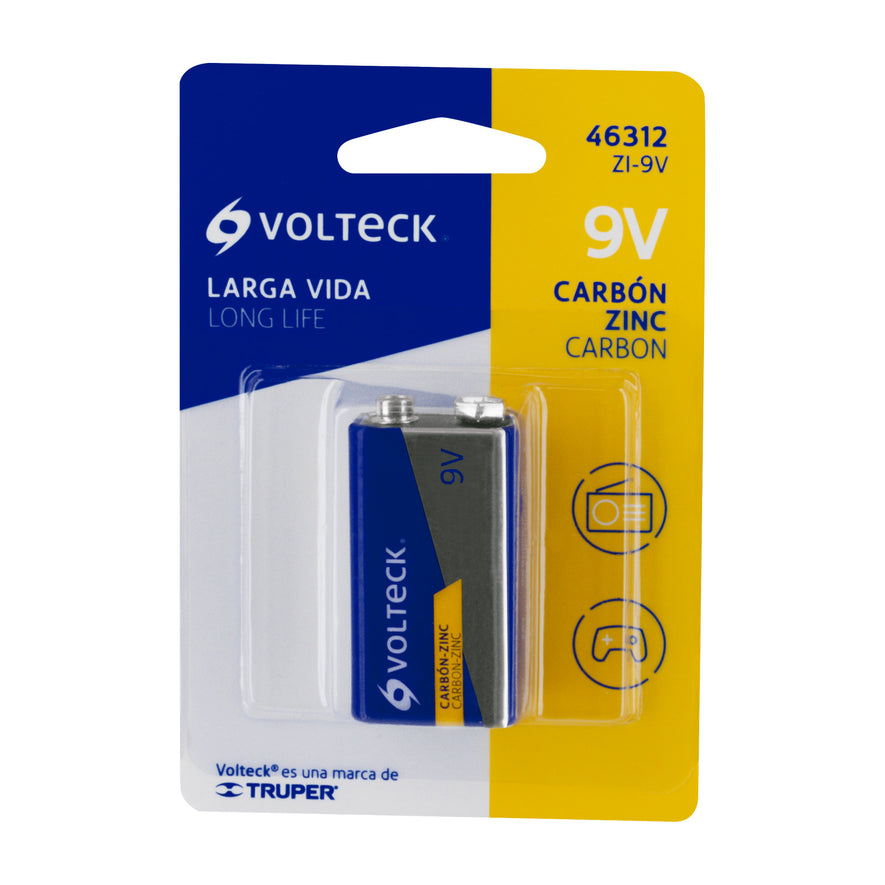 Blíster con 1 pila zinc-carbón 9 V, VOLTECK Caja con 6, 46312
