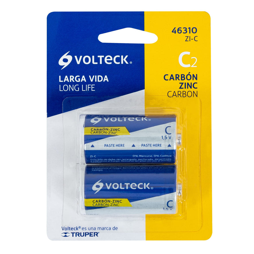 Blíster con 2 pilas zinc-carbón C, VOLTECK Caja con 6, 46310